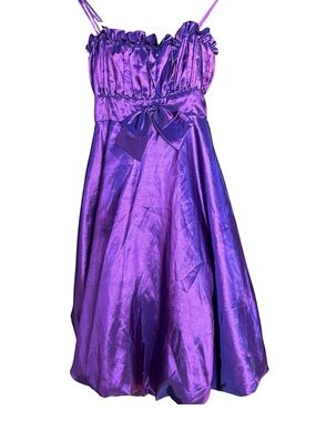 My Best Kids beautiful satin-look purple party dress with straps and full skirt.